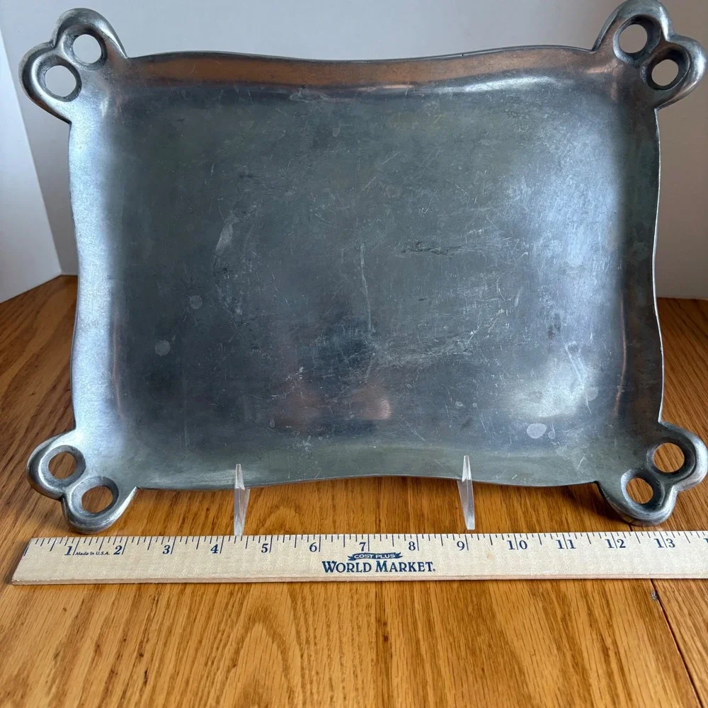 Vintage Cast‎ Metal Rectangular Tray Scalloped Edge Double Hole Handles Silver
